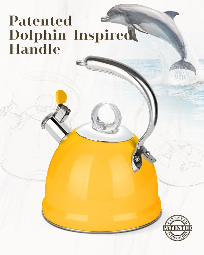 harriet Tea Kettle Stovetop, 2.5 QT Whistling Stainless Steel Teapot, 3-Layer Base, Unique Ergonomic Handle, Includes Pot Holder & Mat, Electric/Induction/Gas Stovetops Applicable, Yellow - Image 2